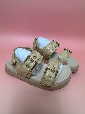Kids Neutral Straw-Style Buckle Sandals - Beige